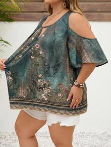 SHEIN CURVE+ Plus Size Women's Floral Print Casual 90s Boho Versatile Everyday Vacation Party Vacation Vacation Outing Shirt Green Summer Vacation - Green - View 5