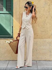 SHEIN Frenchy 2套女款兩件式休閒極簡度假波希米亞優雅浪漫復古卡其色條紋印花圖案，女式正式西裝，女式通勤套裝，音樂節，沙灘穿搭，度假穿搭，女式夏季穿搭 - 彩色 - 查看 4