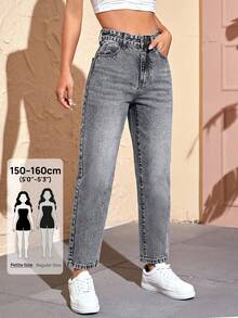 SHEIN PETITE Women's Casual Everyday Pockets Button Denim Jeans ,Petite Women - Grey - View 1