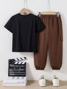 2pcs Boys' Spring/Summer Outfit Set - Printed Black Short Sleeve T-Shirt Paired With Cargo Pants, Casual Versatile - Khaki - View 2