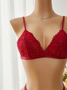 3pack Floral Lace Bow Front Thong Garter Lingerie Set Bow Tie - Burgundy - View 3