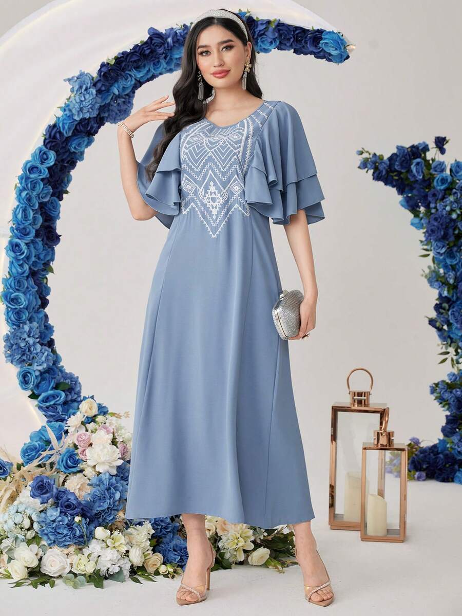 Al Najma 女士幾何刺繡拼接荷葉邊連衣裙 - 霧霾藍 - 查看 1