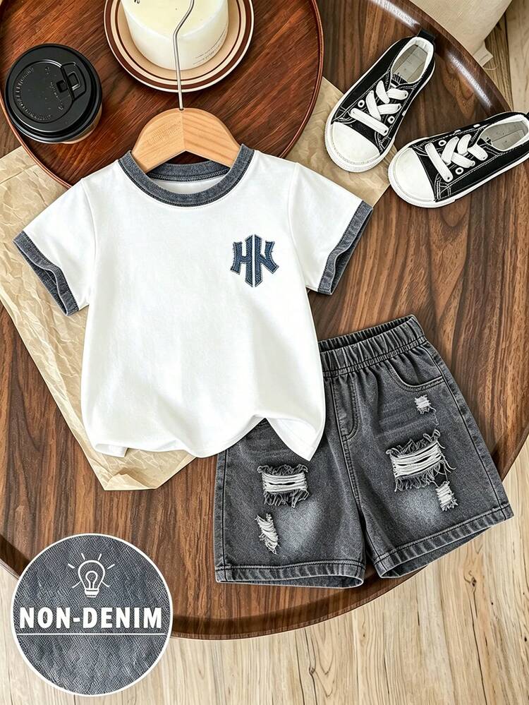 2pcs Young Boy Casual Cool Street Style Print Design, Fashionable Round Neck Short Sleeve T-Shirt And Sports Shorts Set, Suitable For Holiday Parties, Spring/Summer Comfortable And Easy, Summer Essential Wear, Fashion Casual Outfit, Spring/Summer Streetwear, Casual Outfits For , Back To School Parties, Suitable For Outdoor Picnics - Multicolor - View 3