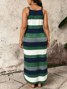 Breezaya Casual Comfortable Striped Fabric Special Shoulder Strap Design Plus Size Dress, Suitable For Spring, Summer, Autumn - Green - View 2