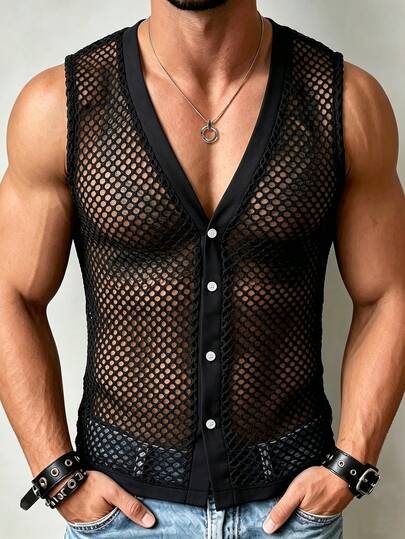 Manfinity AFTRDRK Herren ärmelloses dünnes Hemd mit V-Ausschnitt und Cut Out Mesh-Design