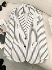 SHEIN CURVE+ 大尺碼女款條紋圖案翻領長袖休閒夾克，優雅通勤秋冬西裝外套 - 米色 - 查看 9