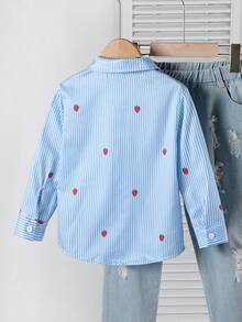 SHEIN Genkimix Kids 女童春夏粉色條紋草莓襯衫，簡約俏皮，時尚百搭，適合日常穿著與外出 - 藍色 - 查看 2