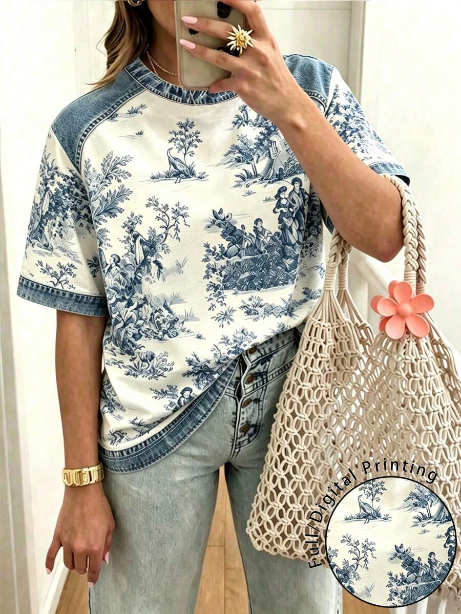 DrmWander 復古藍色圖騰印花丹寧拼接短袖T恤 - 彩色 - 查看 1