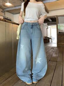 DAZY Women's Casual Street Washed Star Curved Leg Jeans Summer Everyday Going Out Light Blue - Blue - View 5