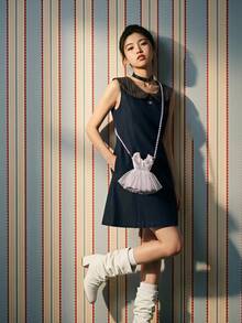 Joivida 1Pc/2Pcs Lace Skirt Ballet Phone Bag, Pearl Chain Hollow Mesh Bag, Cute Bow, High-End Shoulder Bag - multicolor - View 4