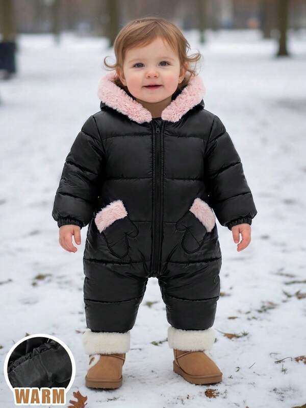 SHEIN Baby Girl Quilted Thick Composite Fabric Contrast Color Cute Fur Trim Hooded Zip-Up Soft One-Piece Long Pants Suitable For Winter