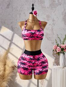 Swim Lushoire New Pink Coconut Print Swimwear, Backless Tie-Up Sporty Conservative Swimwear For Women, Black Outer Layer + Backless Inner Layer + Boy Shorts, Slimming And Tummy-Covering Vacation Swimwear - Multicolor - View 3