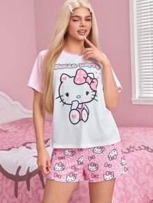 HELLO KITTY AND FRIENDS | SHEIN Set Piyama Wanita: Kaos Lengan Pendek Raglan dengan Motif Huruf dan Celana Pendek - Berwarna merah muda - View 5
