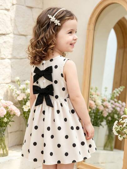 SHEIN Baby Girl Cute Minimalist Korean Style Polka Dot Print Dress With Two Large Bows On Back, Suitable For Daily Wear And Gatherings
