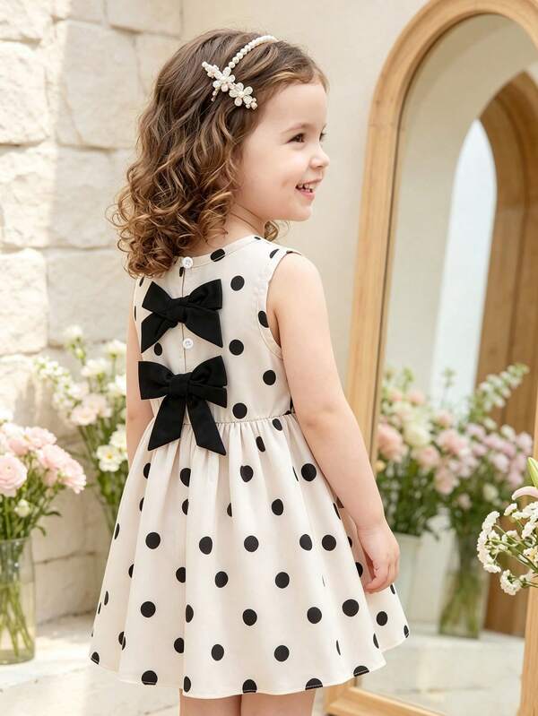 SHEIN Baby Girl Cute Minimalist Korean Style Polka Dot Print Dress With Two Large Bows On Back, Suitable For Daily Wear And Gatherings