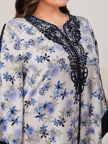 Al Najma 大码女式蕾丝花卉印花阿拉伯长袍，拼接设计，朴素长袍 - 藍色 - 查看 7