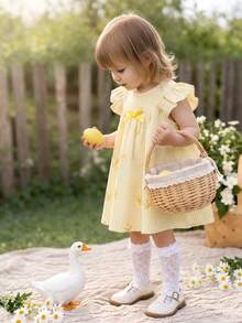 SHEIN Vintaside Kids Vestido para bebé niña pequeña/recién nacida 0-3 años primavera/verano casual versátil lindo dulce divertido con mangas de volantes - Amarillo - Ver 5