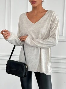 Cloudara Solid V Neck Drop Shoulder Sweater - Apricot - View 4