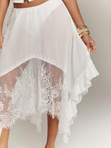 Denimoi Falda Semitransparente Fluida con Dobladillo Asimétrico y Ribete de Encaje Sexy Faldas Euro Verano Vacaciones GNO - Blanco - Ver 11