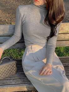 DAZY Solid Color Slim Fit Turtleneck Long Sleeve Knit Sweater, Casual Vacation Spring Autumn Women's Pullover School - Grey - View 3