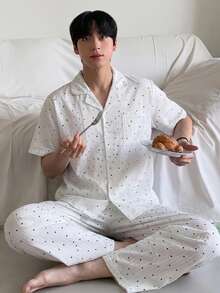 DAZY 男士波點短袖單排扣上衣與長褲家居服套裝 - 彩色 - 查看 4