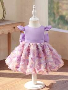 SHEIN Glamorique Kids 女嬰公主洋裝，紫色3D花朵網紗裙，荷葉袖，大蝴蝶結背部設計，生日派對、婚禮節日禮服、舞會洋裝、畢業洋裝、夏季洋裝 - 紫色 - 查看 2