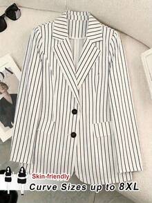 SHEIN CURVE+ 大尺碼女款條紋圖案翻領長袖休閒夾克，優雅通勤秋冬西裝外套 - 米色 - 查看 2