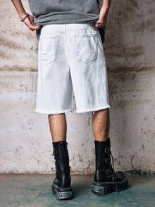 Skyrend 男士休閒夏季純色破洞牛仔短褲 Jorts 哥德龐克街頭風 Emo 男孩穿搭 - 白色 - 查看 2