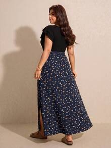Elaquor Vestido de vacaciones con estampado floral, puños con volantes y abertura delantera, talla grande - Azul Marino - Ver 2