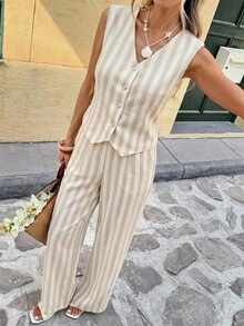 SHEIN Frenchy 2套女款兩件式休閒極簡度假波希米亞優雅浪漫復古卡其色條紋印花圖案，女式正式西裝，女式通勤套裝，音樂節，沙灘穿搭，度假穿搭，女式夏季穿搭 - 彩色 - 查看 7