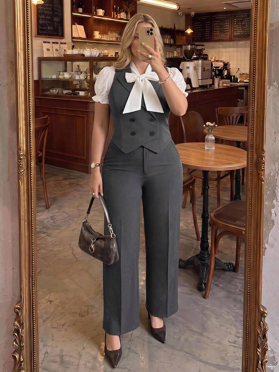 SHEIN MOD Conjunto de 2 piezas de chaleco y pantalones de negocios elegantes con cuello con muesca, talla grande, adecuado para ir al trabajo y uso diario en otoño/invierno - Gris - Ver 1