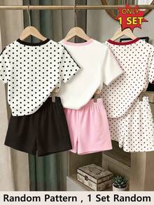 (Random 3 Sets,Send 1 Set)Girls Fresh Fashion Polka Dot Puppy Bow Pattern Basic Short T-Shirt And Shorts Set - Multicolor - View 2