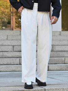 Devon Thys Men's Striped Print Fold Pleated Business Casual Dress Pants - White - View 5