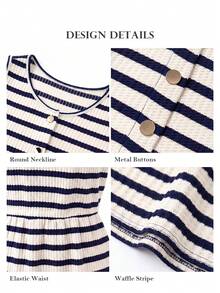 ELLERISSA Plus Size Navy Blue & White Stripe Round Neck Sleeveless Front Button Waffle Knit Mini Dress - Navy Blue - View 6