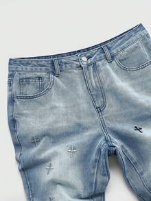 ROMWE MEN Men's Casual Washed Cross Embroidery Denim Jeans - Baby Blue - View 3