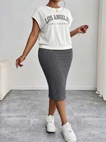 SHEIN PETITE CURVE 2件套加大码圆领短袖休闲字母印花夏季套装 - 深灰色 - 查看 7