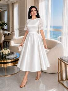 SHEIN Lady Vestido elegante de fiesta de talla grande con parches de encaje de unicolor - Blanco - Ver 7