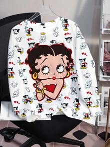 Betty Boop x SHEIN Plus Size Women's Crew Neck Sweatshirt All-Over Print Fall - White - View 1