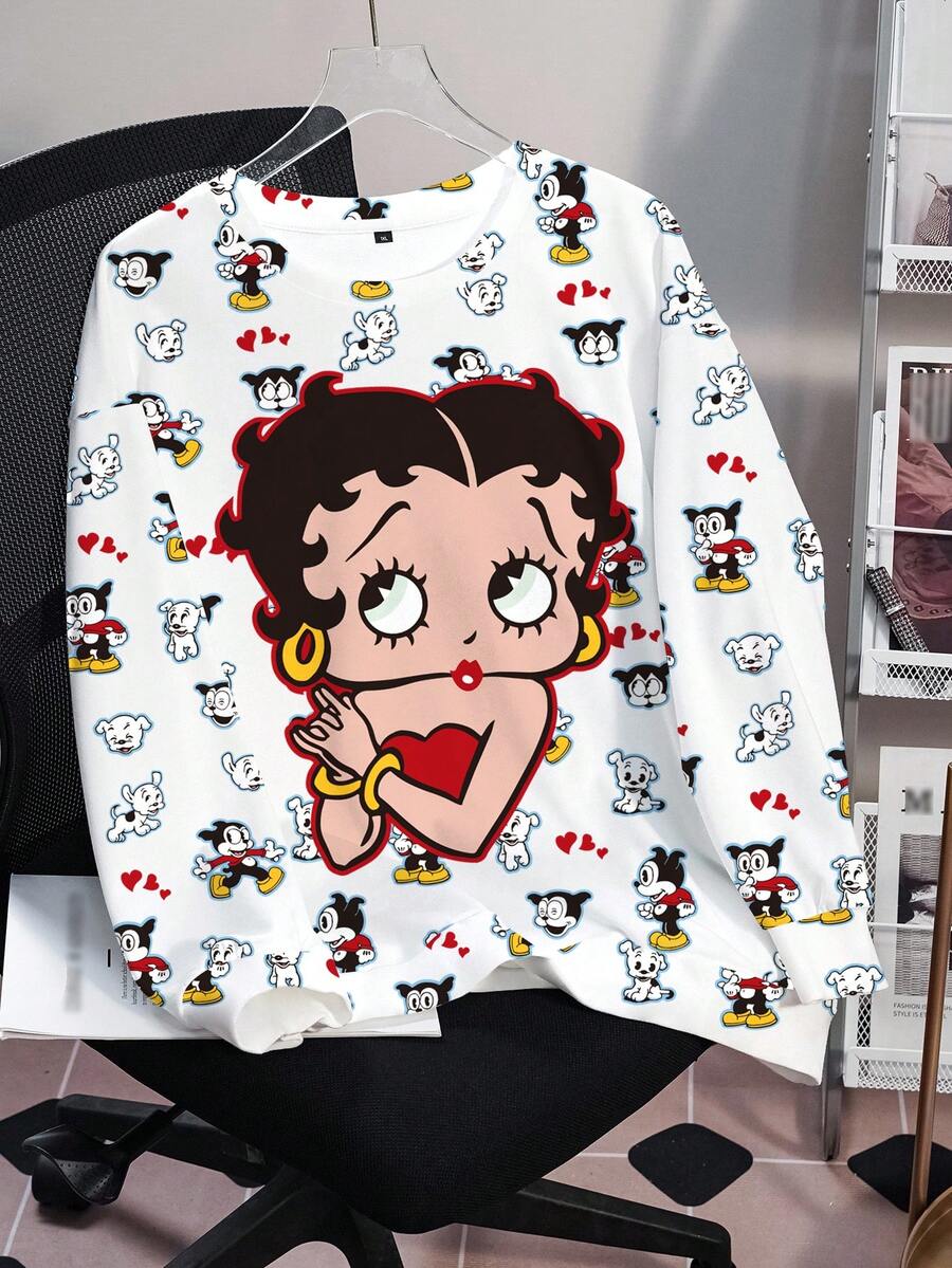 Betty Boop x SHEIN Plus Size Women's Crew Neck Sweatshirt All-Over Print Fall - White - View 1