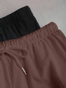 SHEIN PETITE 女款黑白配色純色直筒長褲 2件套 - 棕色 - 查看 5