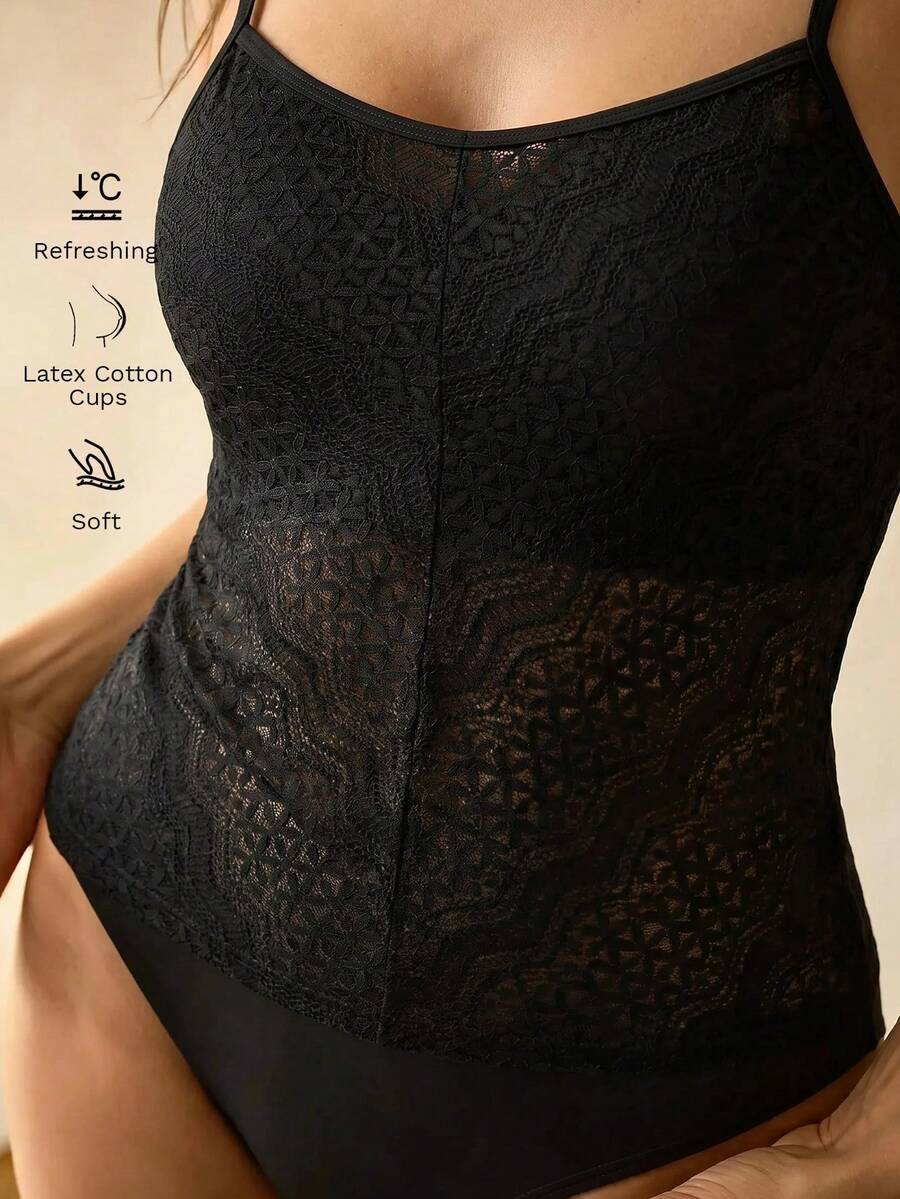 MOTF PREMIUM PLUS SIZE WOMEN'S LACE PATCHWORK SEMI-SHEER TANKINIS TOP, VACATION SWIMWEAR - Black - View 1