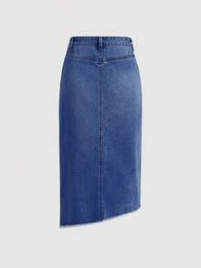 SHEIN MOD 女款牛仔裙休閒性感前開衩不對稱下擺藍色 - 深色水洗藍 - 查看 2