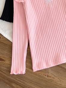 Genkimix Kids 3pcs/Set Girls Autumn/Winter Ruffle Flutter Sleeve Knitted Base Layer, Versatile Round Neck Embroidered Bow Long Sleeve T-Shirt - Multicolor - View 6