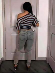 Slaydiva 女士夏季时尚不对称条纹领T恤 - 彩色 - 查看 2