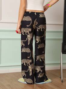 Chillnights Women's Leopard Print Casual Woven Fabric Pajama Bottoms - Black - View 2