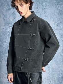 ROMWE MEN Street Life Men's Turn-Down Collar Snap Button Long Sleeve Jacket - Grey - View 4