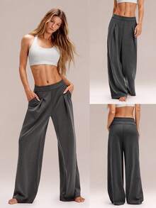 GLOWMODE Pantalones de chándal de pierna ancha de cintura alta de 28" de modal acanalado Glow Easy con cordón ajustable & bolsillos laterales para entrenamiento, ejercicio, uso diario y casual activo - Gris - Ver 8