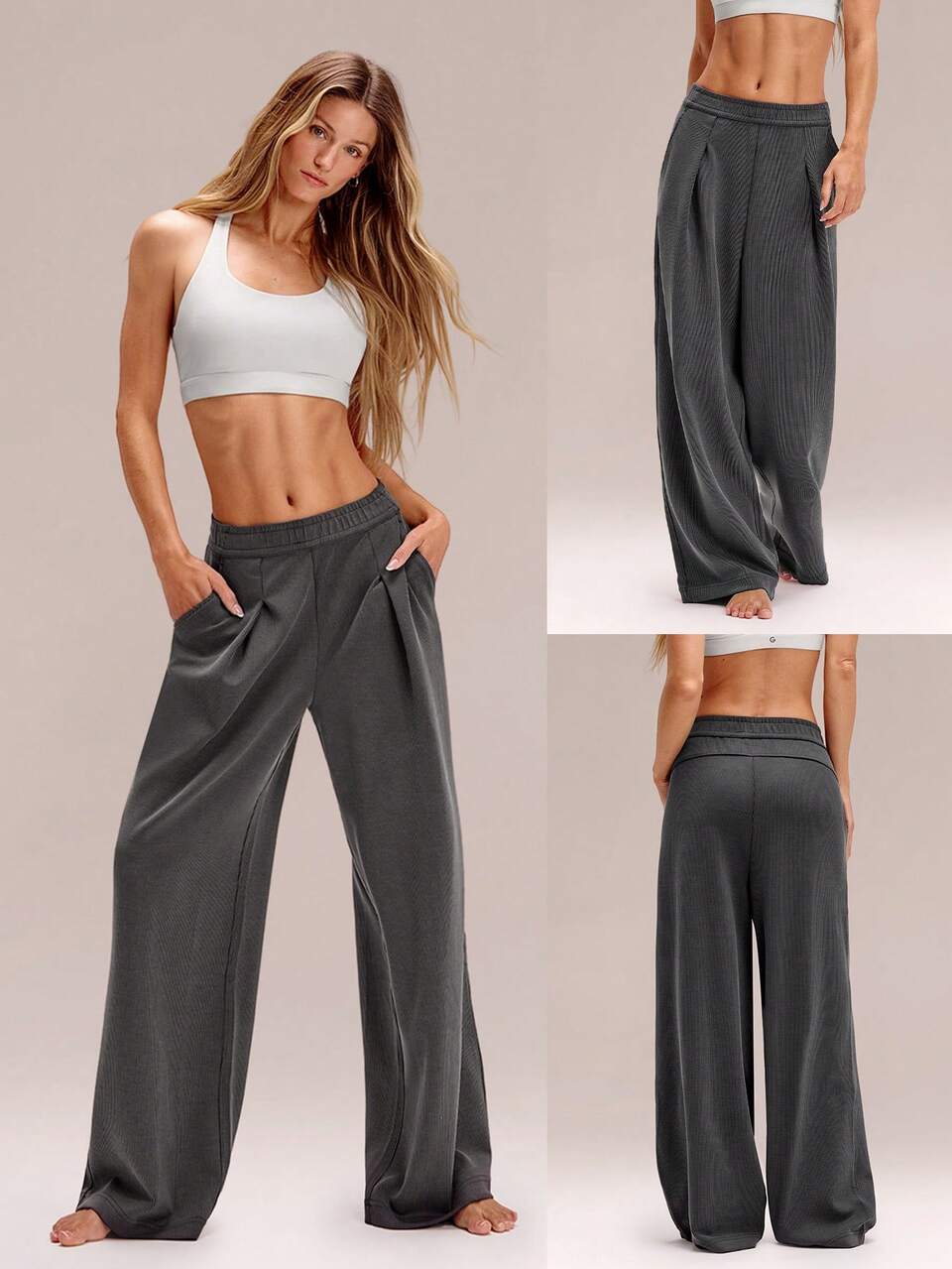 28" Modal Ribbed Glow Easy High-Waisted Wide Leg Joggers With Adjustable Drawstring & Side Pockets Training Workout Daily Active Casual