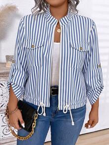 Momelise Plus Size Striped Pocket Zipper Hem Drawstring Jacket Fall - Blue - View 3
