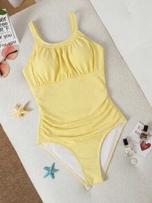 Swim Lushoire 1件女款夏季度假海灘簡約風條紋針織面料粗肩帶抓皺收腰顯瘦連身泳衣 - 黃色 - 查看 6